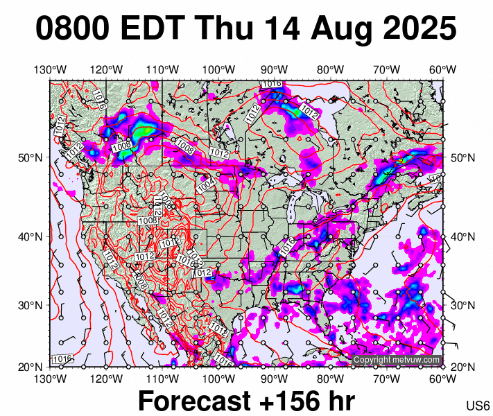 USA forecast chart for Thursday, August 14th, 2025 at 12:00 PM