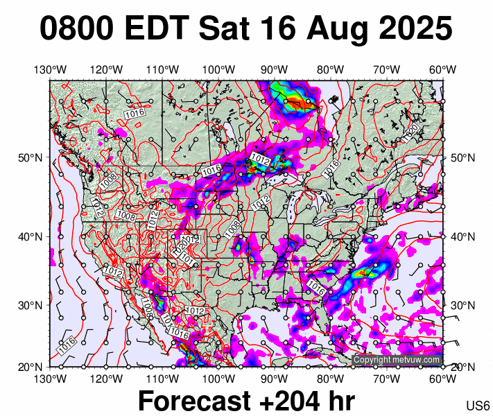 USA forecast chart for Saturday, August 16th, 2025 at 12:00 PM