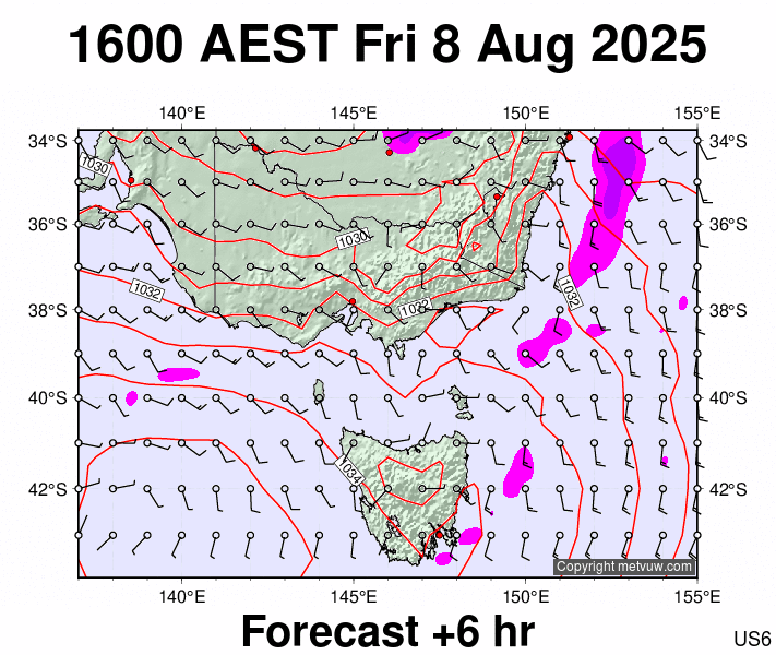 Victoria & Tasmania forecast chart for Friday, August 8th, 2025 at 6:00 AM