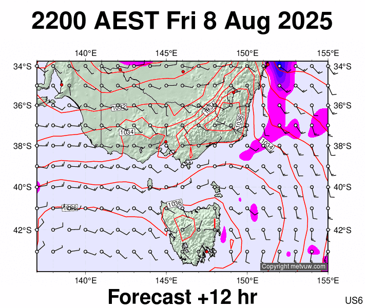 Victoria & Tasmania forecast chart for Friday, August 8th, 2025 at 12:00 PM