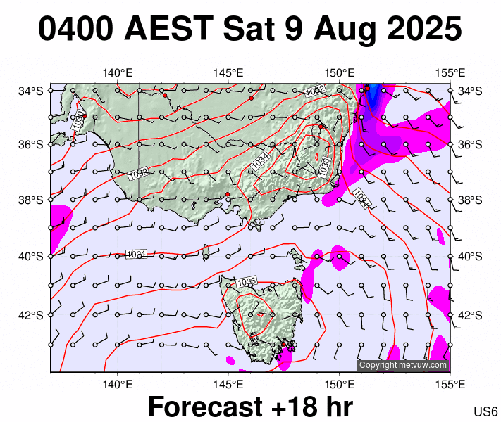 Victoria & Tasmania forecast chart for Friday, August 8th, 2025 at 6:00 PM