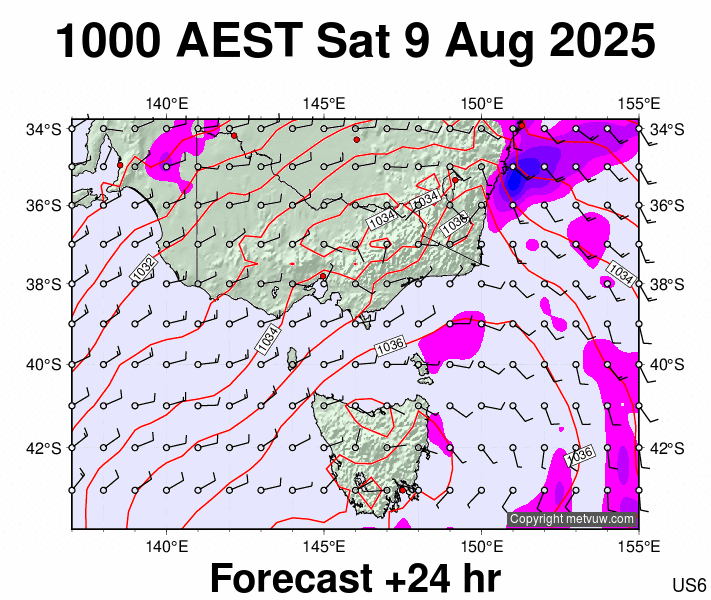 Victoria & Tasmania forecast chart for Saturday, August 9th, 2025 at 12:00 AM