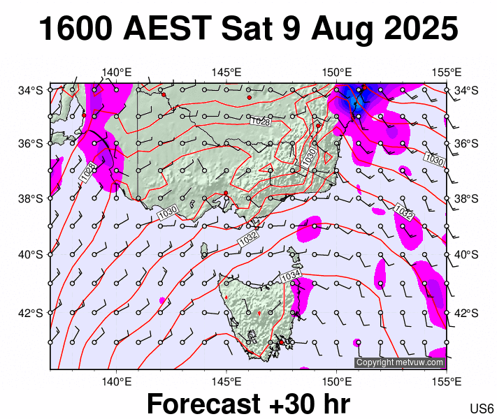 Victoria & Tasmania forecast chart for Saturday, August 9th, 2025 at 6:00 AM