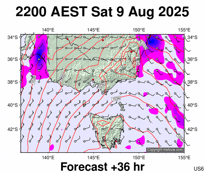 Victoria & Tasmania forecast chart for Saturday, August 9th, 2025 at 12:00 PM