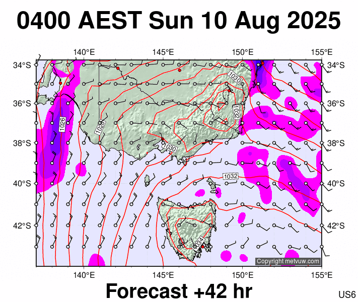 Victoria & Tasmania forecast chart for Saturday, August 9th, 2025 at 6:00 PM