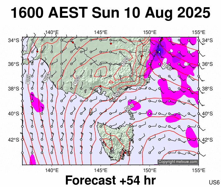 Victoria & Tasmania forecast chart for Sunday, August 10th, 2025 at 6:00 AM