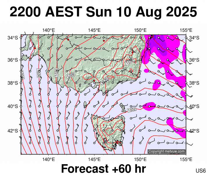 Victoria & Tasmania forecast chart for Sunday, August 10th, 2025 at 12:00 PM