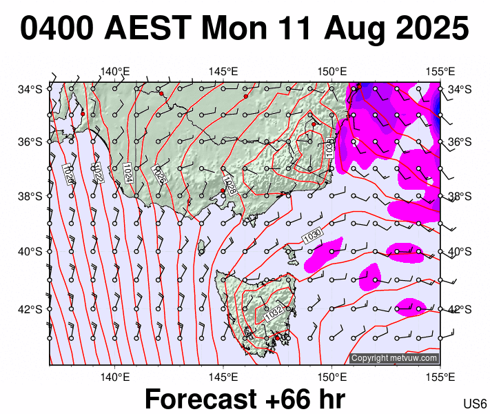 Victoria & Tasmania forecast chart for Sunday, August 10th, 2025 at 6:00 PM