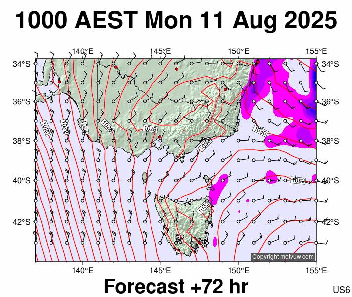 Victoria & Tasmania forecast chart for Monday, August 11th, 2025 at 12:00 AM