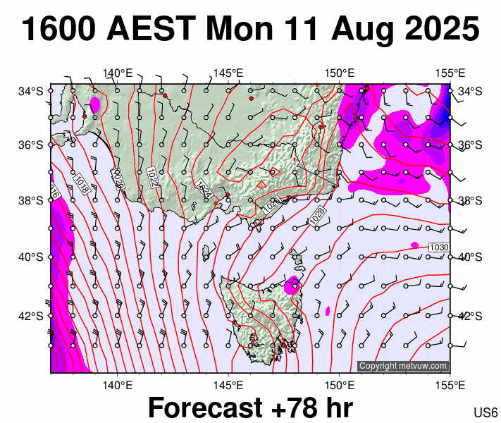 Victoria & Tasmania forecast chart for Monday, August 11th, 2025 at 6:00 AM