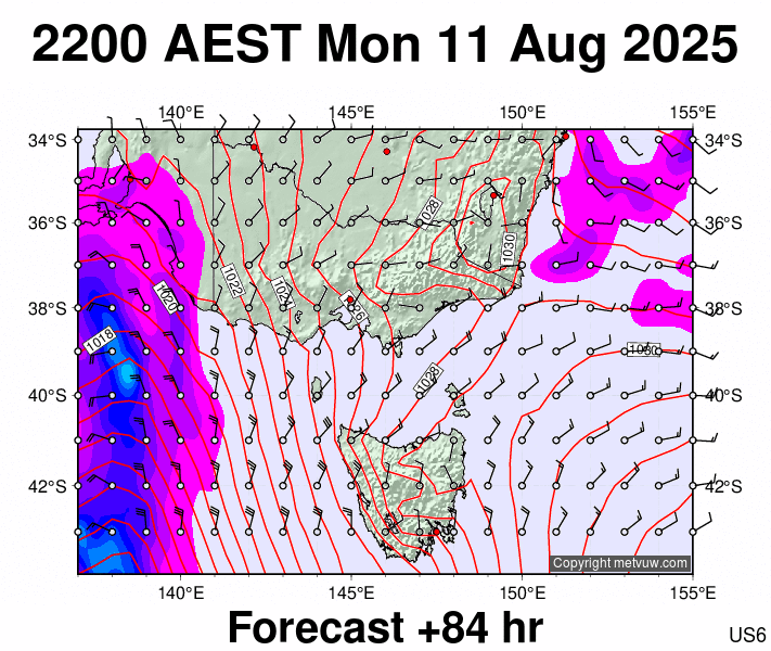 Victoria & Tasmania forecast chart for Monday, August 11th, 2025 at 12:00 PM