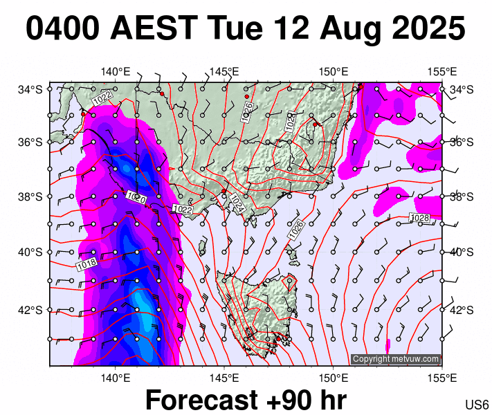 Victoria & Tasmania forecast chart for Monday, August 11th, 2025 at 6:00 PM