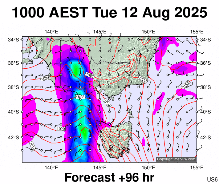 Victoria & Tasmania forecast chart for Tuesday, August 12th, 2025 at 12:00 AM