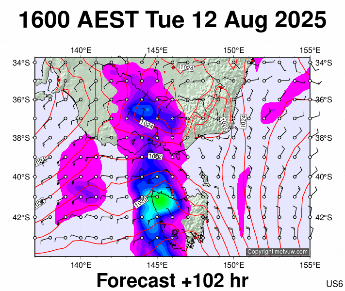 Victoria & Tasmania forecast chart for Tuesday, August 12th, 2025 at 6:00 AM