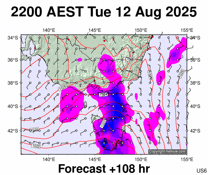 Victoria & Tasmania forecast chart for Tuesday, August 12th, 2025 at 12:00 PM