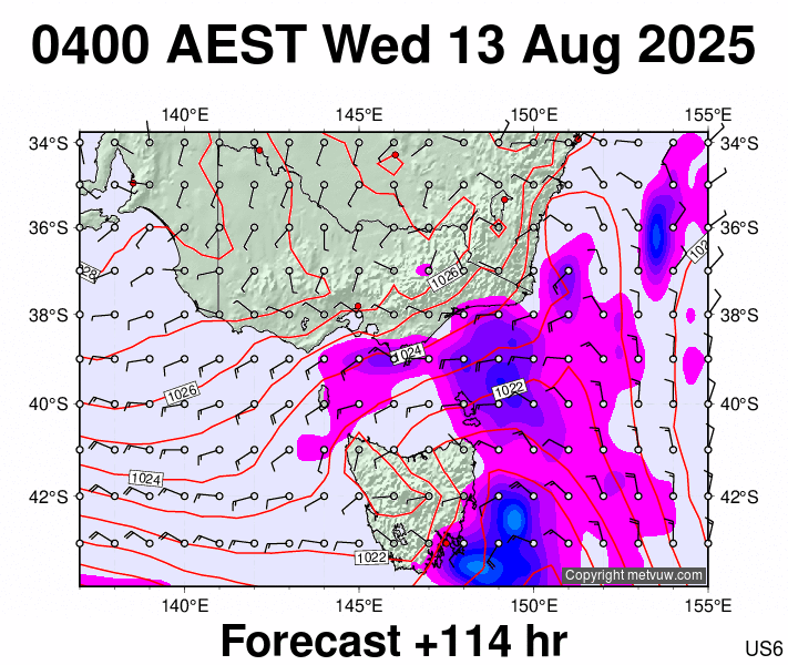 Victoria & Tasmania forecast chart for Tuesday, August 12th, 2025 at 6:00 PM