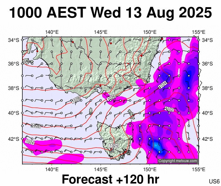 Victoria & Tasmania forecast chart for Wednesday, August 13th, 2025 at 12:00 AM