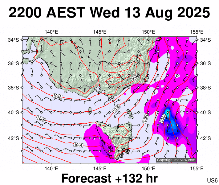 Victoria & Tasmania forecast chart for Wednesday, August 13th, 2025 at 12:00 PM