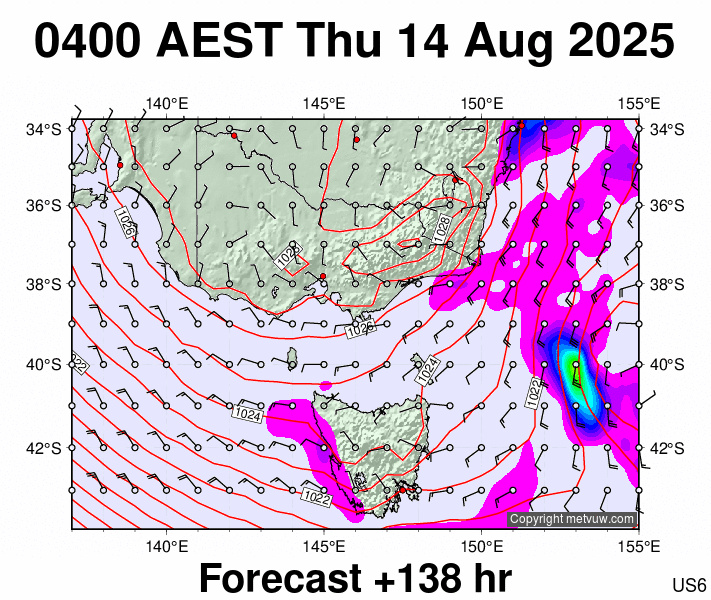 Victoria & Tasmania forecast chart for Wednesday, August 13th, 2025 at 6:00 PM