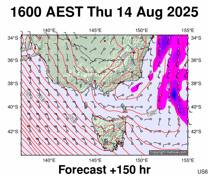 Victoria & Tasmania forecast chart for Thursday, August 14th, 2025 at 6:00 AM