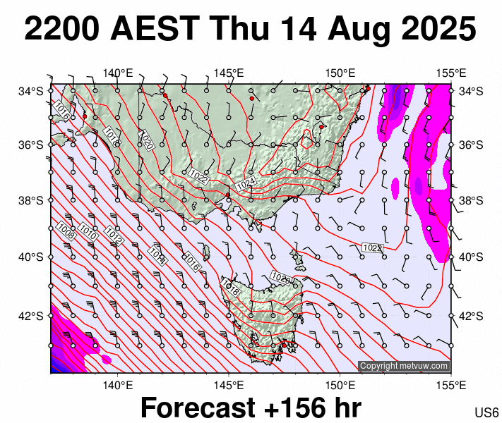 Victoria & Tasmania forecast chart for Thursday, August 14th, 2025 at 12:00 PM