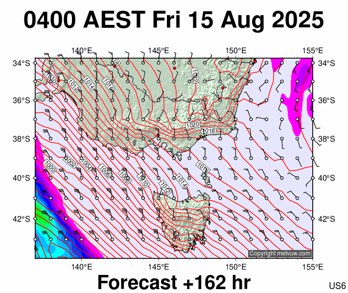 Victoria & Tasmania forecast chart for Thursday, August 14th, 2025 at 6:00 PM