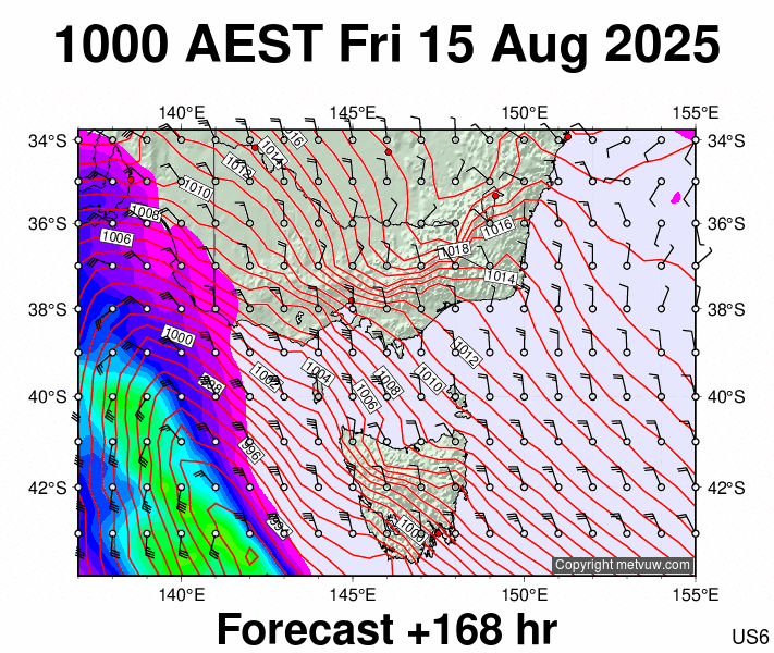 Victoria & Tasmania forecast chart for Friday, August 15th, 2025 at 12:00 AM