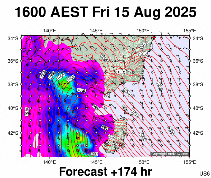 Victoria & Tasmania forecast chart for Friday, August 15th, 2025 at 6:00 AM