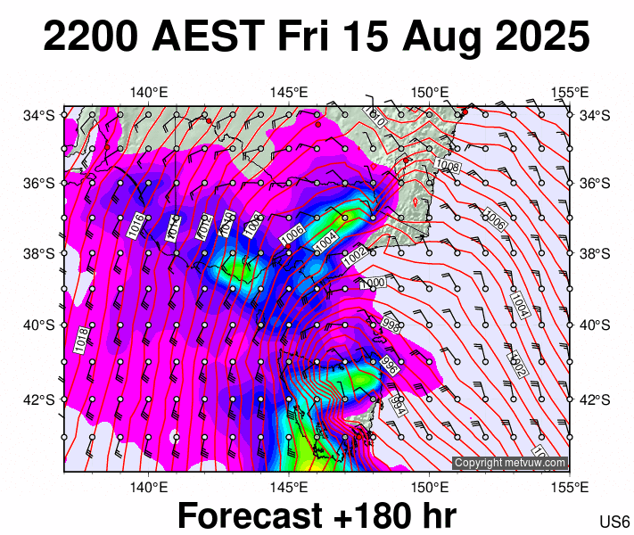 Victoria & Tasmania forecast chart for Friday, August 15th, 2025 at 12:00 PM