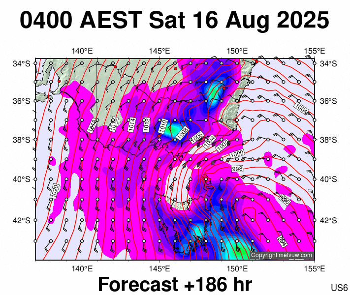 Victoria & Tasmania forecast chart for Friday, August 15th, 2025 at 6:00 PM