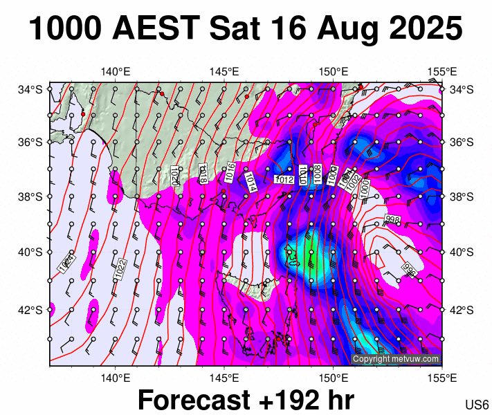 Victoria & Tasmania forecast chart for Saturday, August 16th, 2025 at 12:00 AM