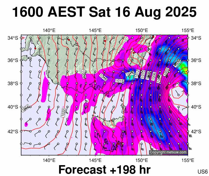 Victoria & Tasmania forecast chart for Saturday, August 16th, 2025 at 6:00 AM