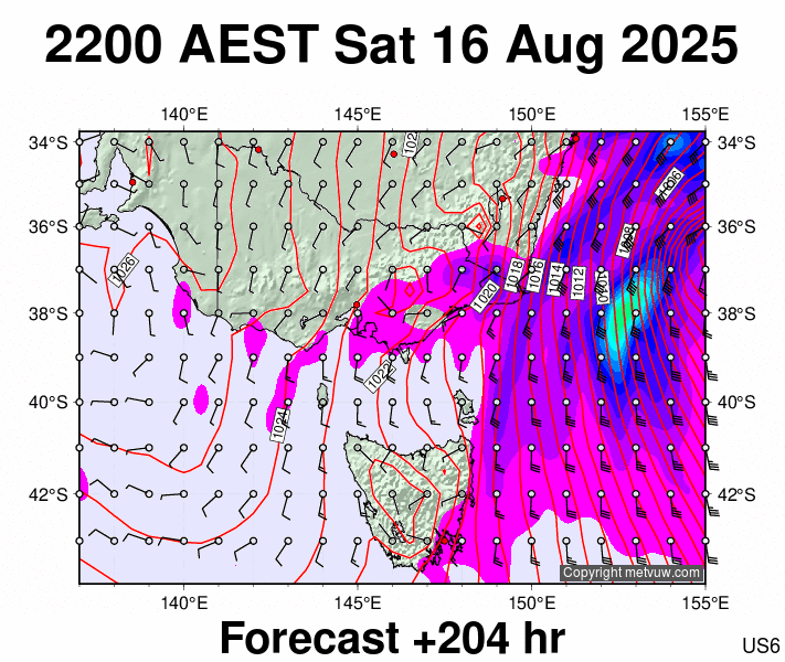 Victoria & Tasmania forecast chart for Saturday, August 16th, 2025 at 12:00 PM
