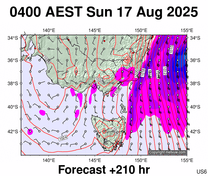Victoria & Tasmania forecast chart for Saturday, August 16th, 2025 at 6:00 PM