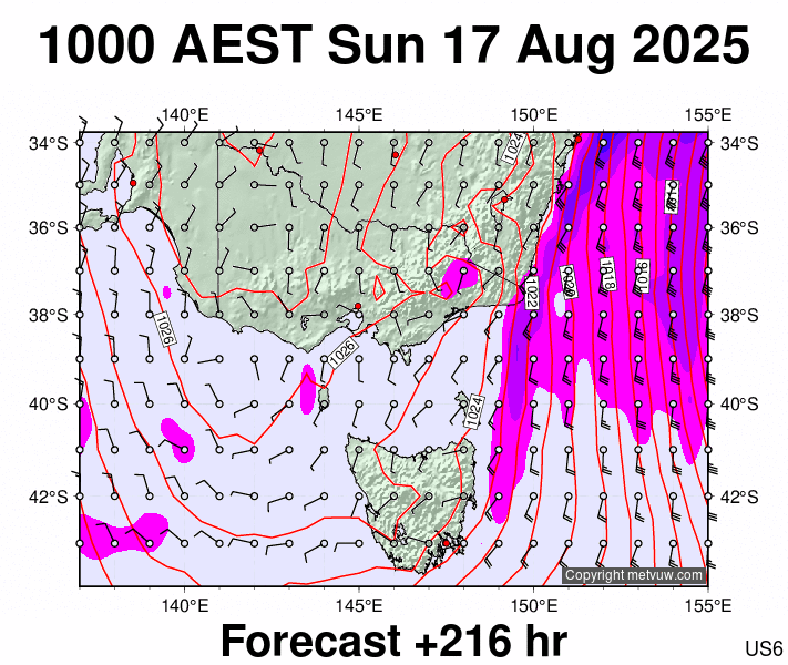 Victoria & Tasmania forecast chart for Sunday, August 17th, 2025 at 12:00 AM