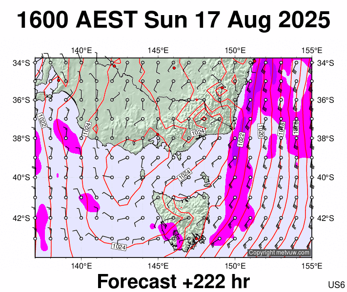 Victoria & Tasmania forecast chart for Sunday, August 17th, 2025 at 6:00 AM