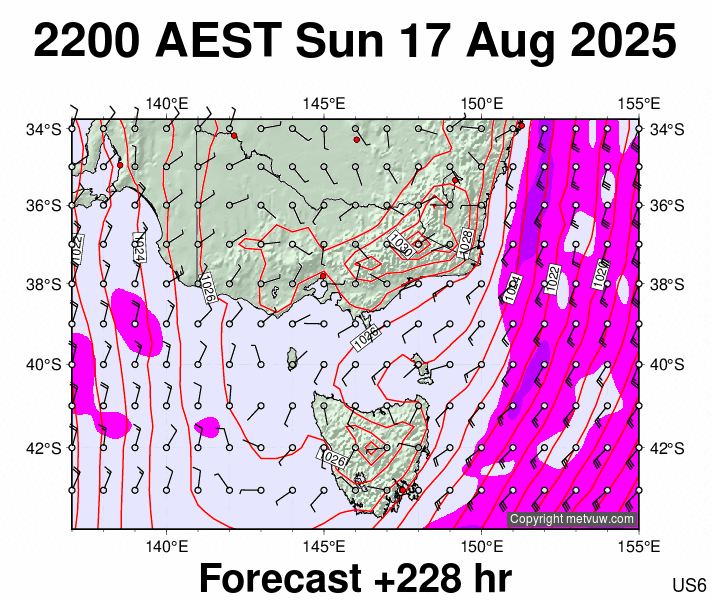 Victoria & Tasmania forecast chart for Sunday, August 17th, 2025 at 12:00 PM
