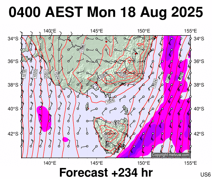 Victoria & Tasmania forecast chart for Sunday, August 17th, 2025 at 6:00 PM