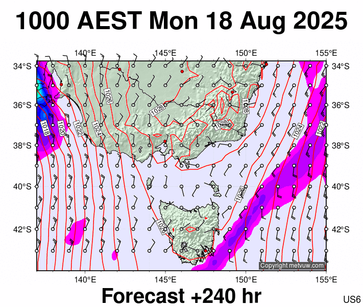 Victoria & Tasmania forecast chart for Monday, August 18th, 2025 at 12:00 AM