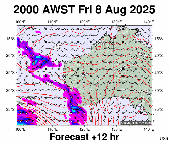 Western Australia forecast chart for Friday, August 8th, 2025 at 12:00 PM