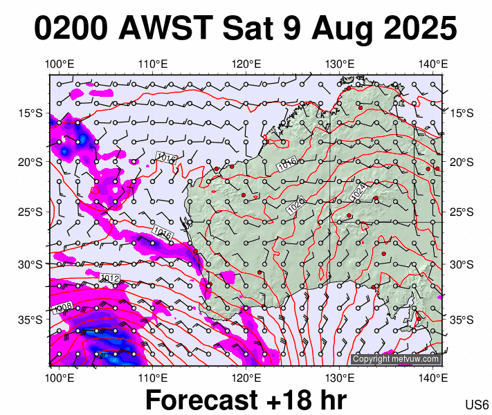 Western Australia forecast chart for Friday, August 8th, 2025 at 6:00 PM