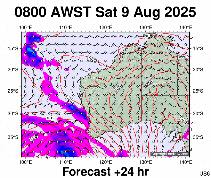 Western Australia forecast chart for Saturday, August 9th, 2025 at 12:00 AM