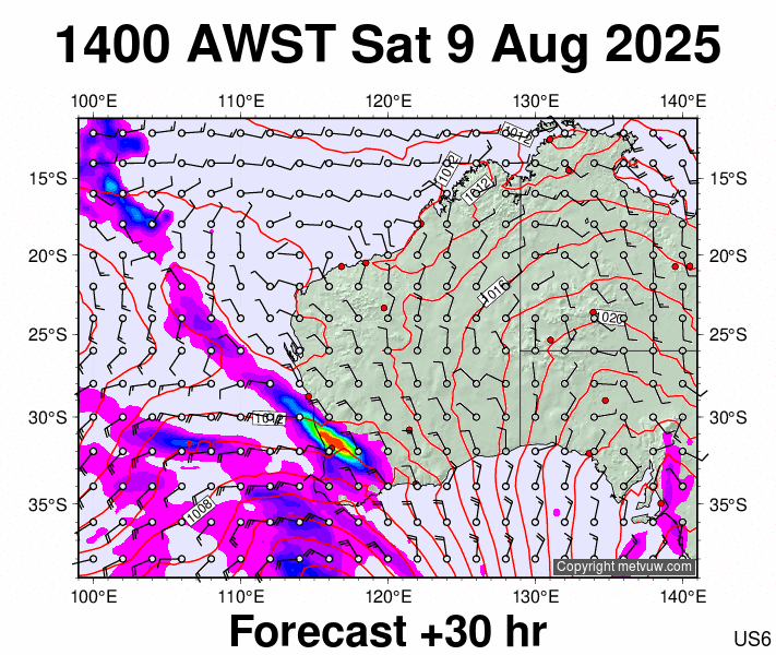 Western Australia forecast chart for Saturday, August 9th, 2025 at 6:00 AM