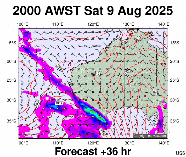 Western Australia forecast chart for Saturday, August 9th, 2025 at 12:00 PM