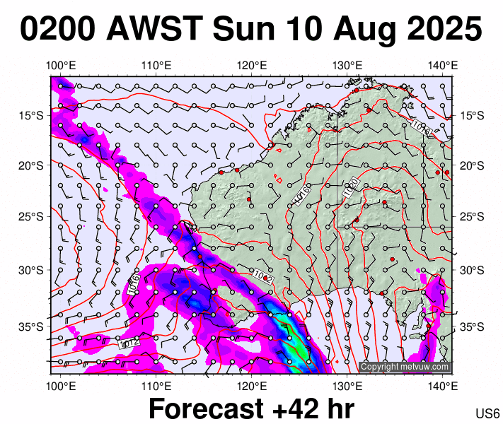 Western Australia forecast chart for Saturday, August 9th, 2025 at 6:00 PM
