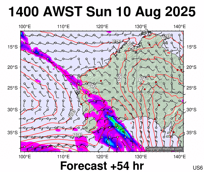 Western Australia forecast chart for Sunday, August 10th, 2025 at 6:00 AM