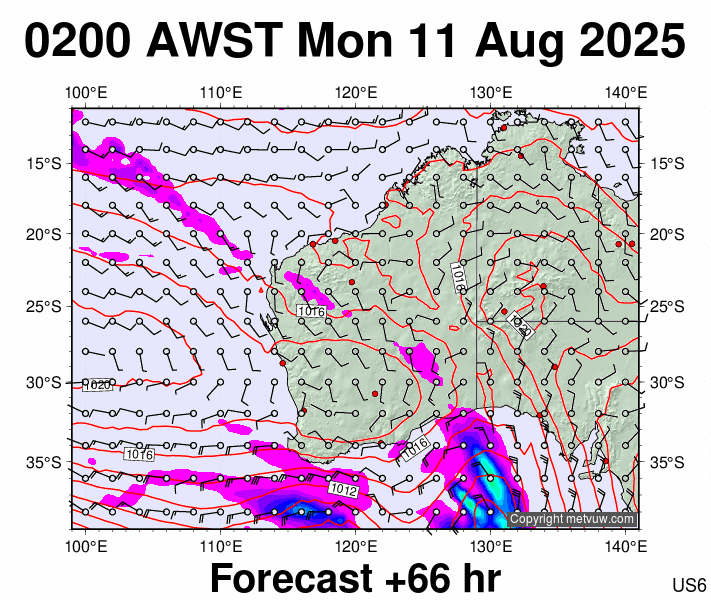 Western Australia forecast chart for Sunday, August 10th, 2025 at 6:00 PM