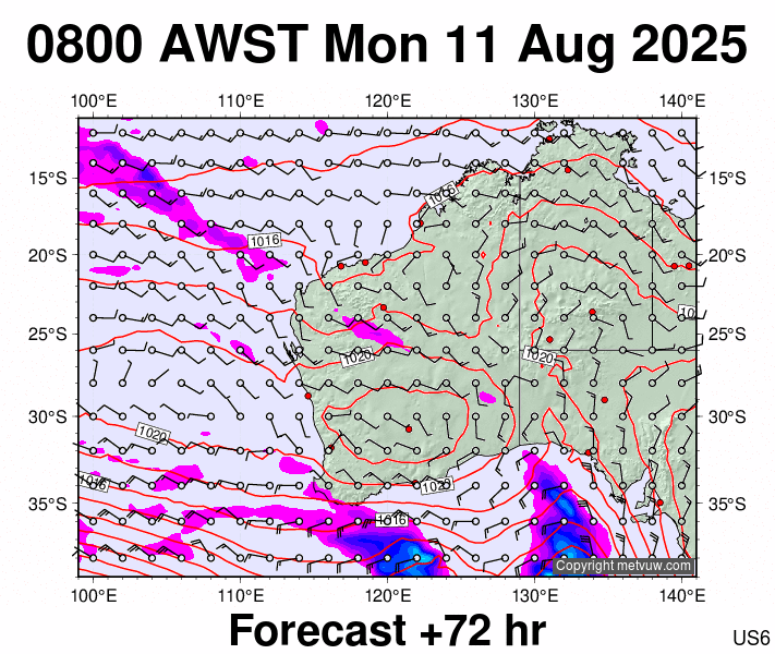 Western Australia forecast chart for Monday, August 11th, 2025 at 12:00 AM