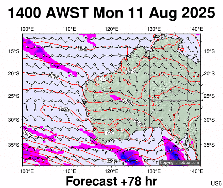 Western Australia forecast chart for Monday, August 11th, 2025 at 6:00 AM