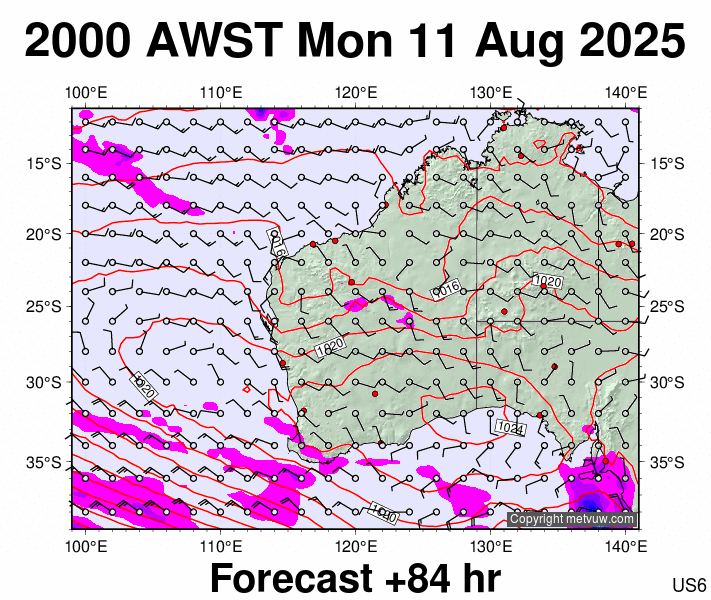 Western Australia forecast chart for Monday, August 11th, 2025 at 12:00 PM